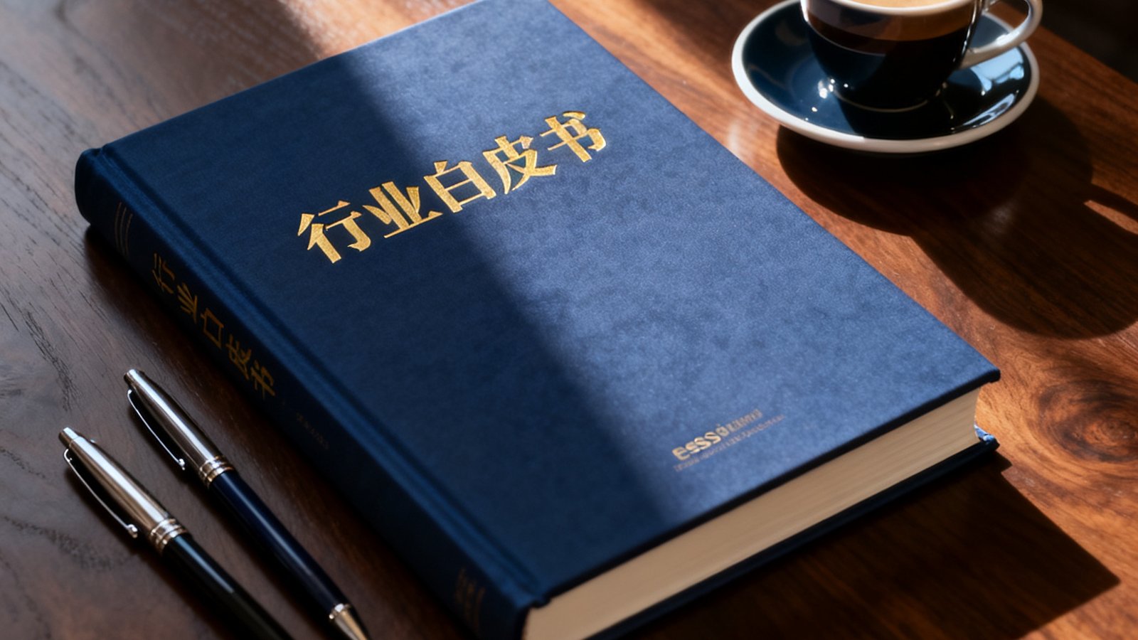 一本精装行业白皮书平放在深色胡桃木桌面上，封面采用深蓝底色配烫金标题，旁边摆放着两支钢笔和一杯冒着热气的 espresso，阳光从侧面斜照进来
