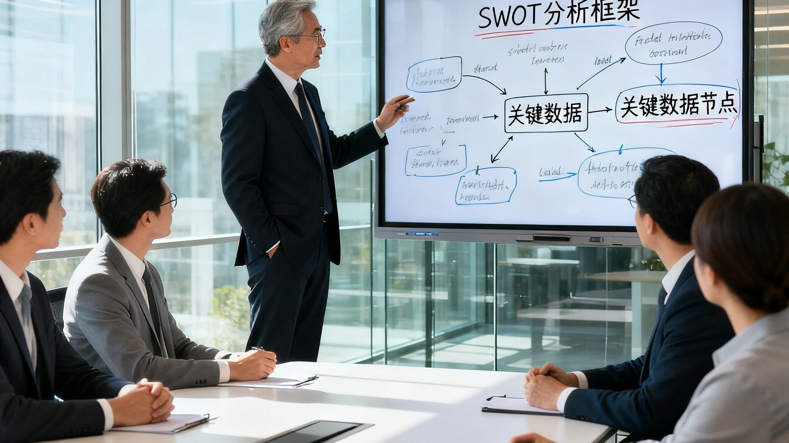 一间通透的玻璃会议室内，资深顾问正站在电子白板前为企业高管团队讲解增长策略，白板上画满了SWOT分析框架和关键数据节点，参会者神情专注