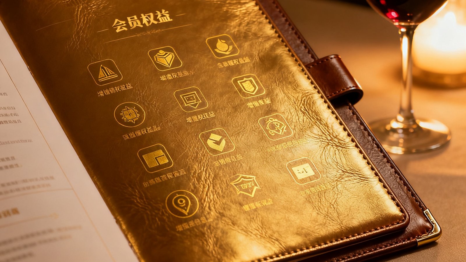 一份精美的会员权益手册翻开在皮质文件夹中，页面上用金色图标标注着各项增值权益，背景是柔和的灯光和一杯红酒，传递出尊贵与专属的氛围