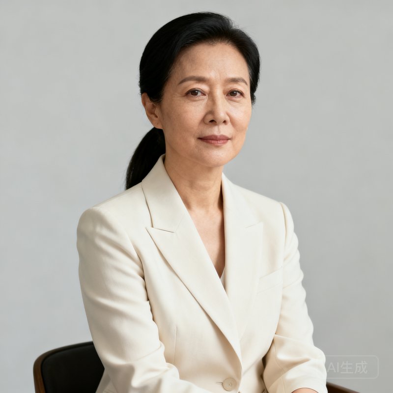 一位四十多岁的女性管理合伙人的职业照，她有着温和而坚定的眼神，身着米白色西装外套，乌黑的长发整齐束在脑后