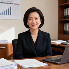 一位三十五岁左右的中国女性CFO职业肖像照，她留着干练的短发，佩戴简约的珍珠耳钉，背景是整洁的财务办公室